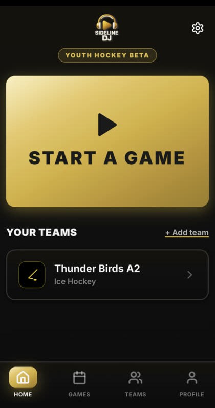 Sideline DJ home screen with a large Start a game button and the team list