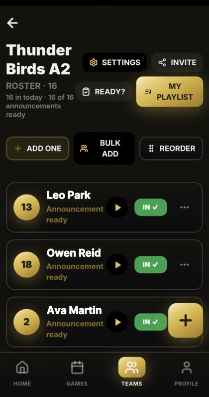 Team roster with jersey numbers, announcement ready status and In toggles