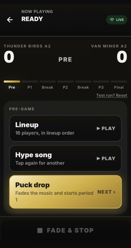 Pre-game screen with Lineup, Hype song and Puck drop