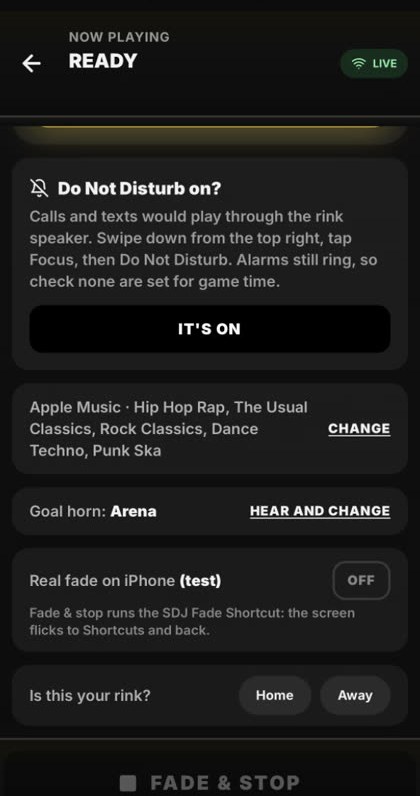 Pre-game checks: Do Not Disturb reminder, music source and goal horn
