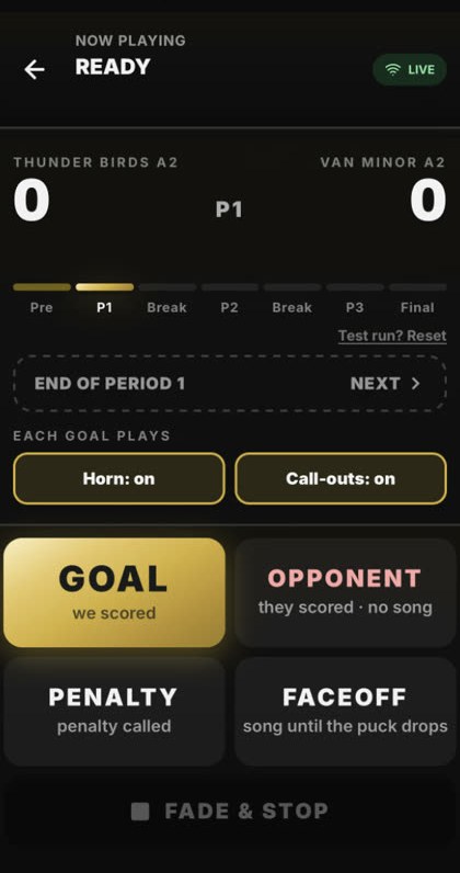 Sideline DJ during period 1: scoreboard, period timeline, and Goal, Opponent, Penalty and Faceoff buttons