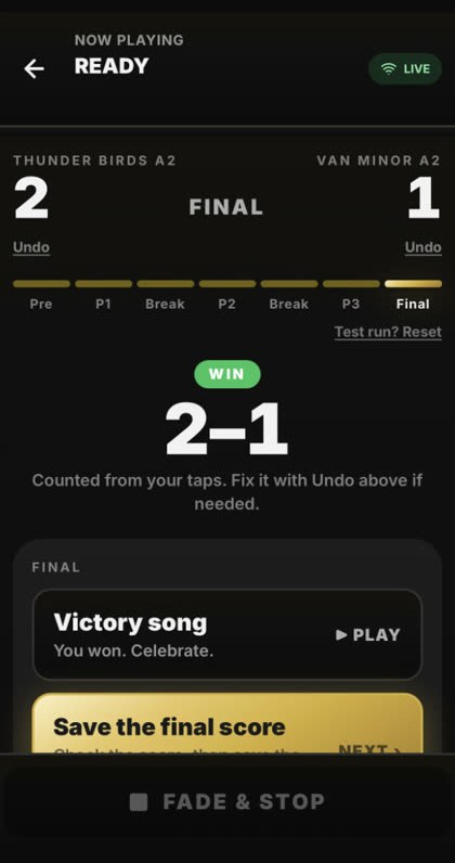 Final screen showing a 2-1 win with Victory song and Save the final score